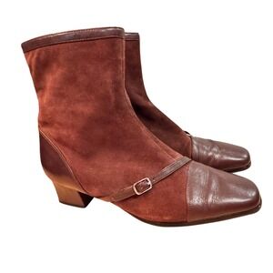 David Tate Women Brown Suede Leather Ankle Boots Block Heel Square Toe Buckle 7M
